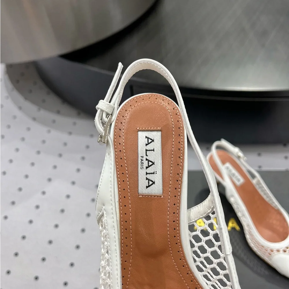 ALAÏA White Mesh Pointed Slingback Heels - Picture 9 of 9